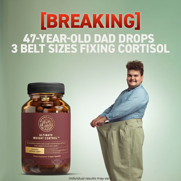 A static 1:1 image featuring a dietary supplement bottle next to a man showing significant weight loss by holding up his oversized pants.